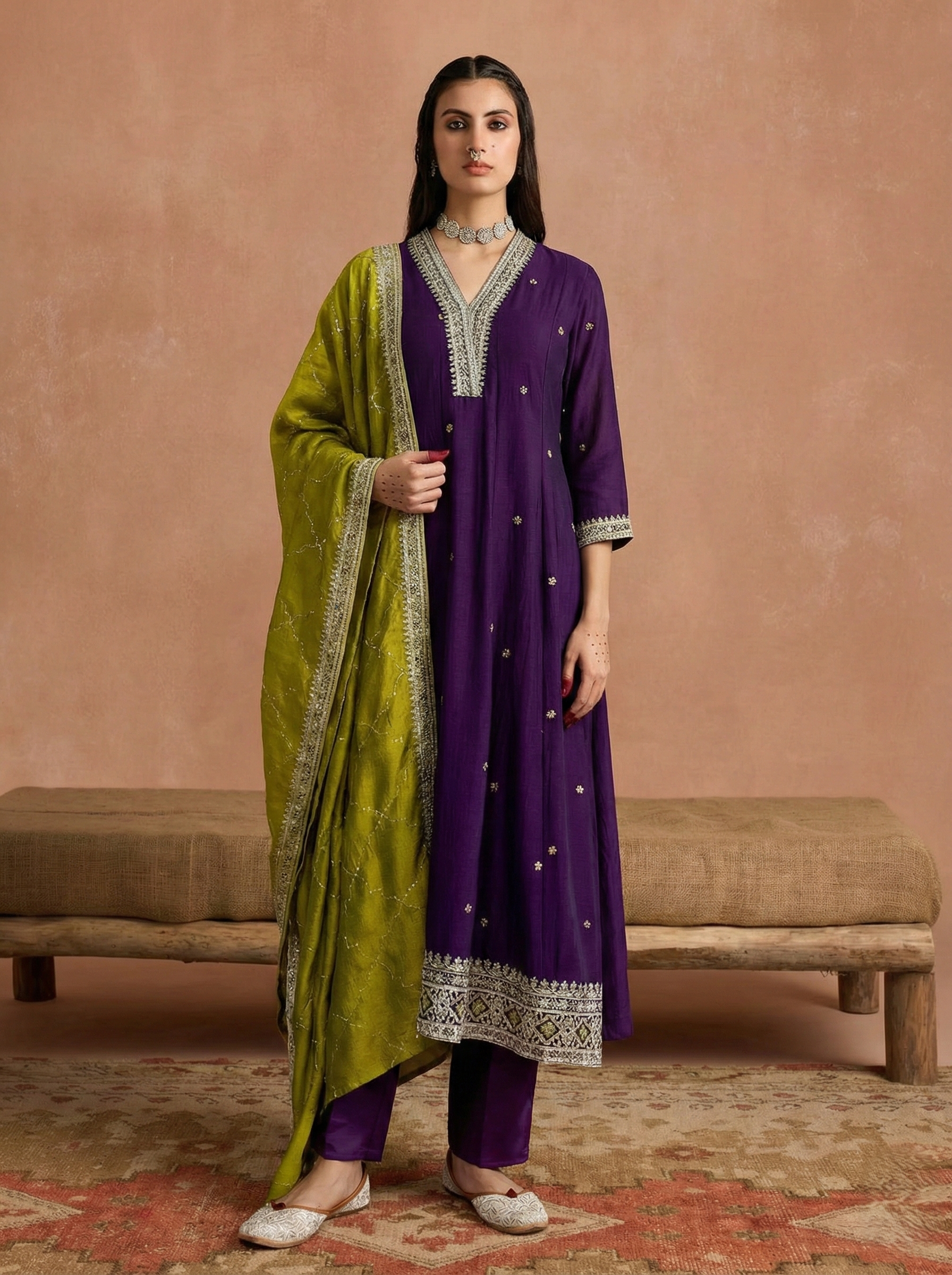 Violet Embroidered Silk Anarkali Kurta With Dupatta Set