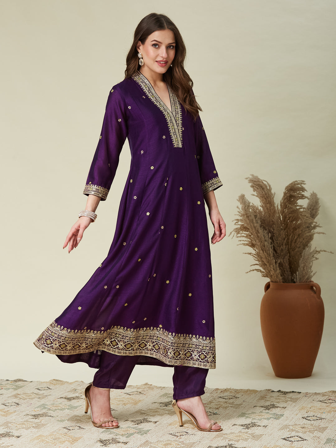 Violet Embroidered Silk Anarkali Kurta With Dupatta Set