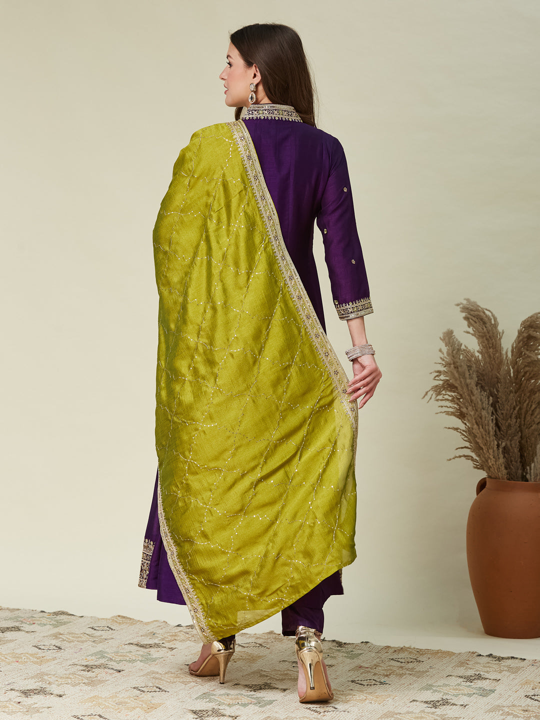 Violet Embroidered Silk Anarkali Kurta With Dupatta Set | back side full image