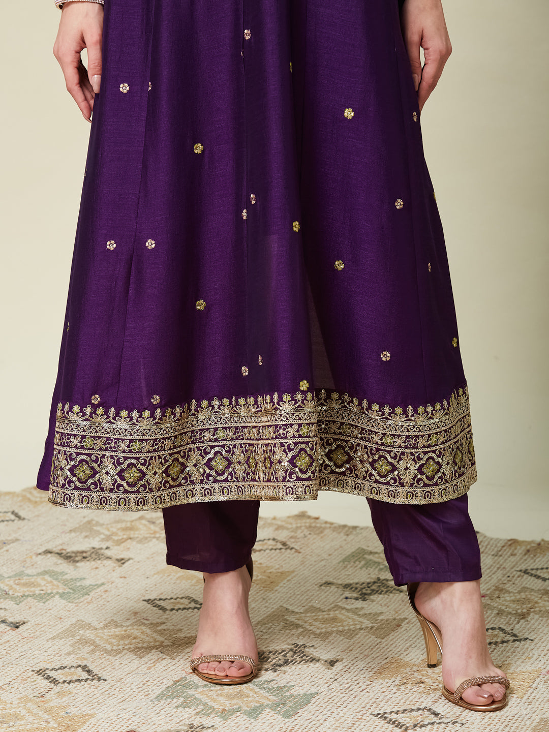 Violet Embroidered Silk Anarkali Kurta With Dupatta Set