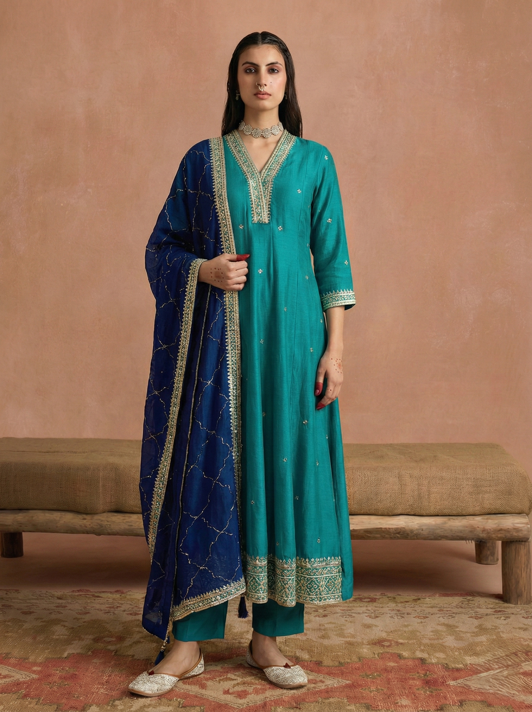 Firozi Embroidered Silk Anarkali Kurta With Dupatta Set