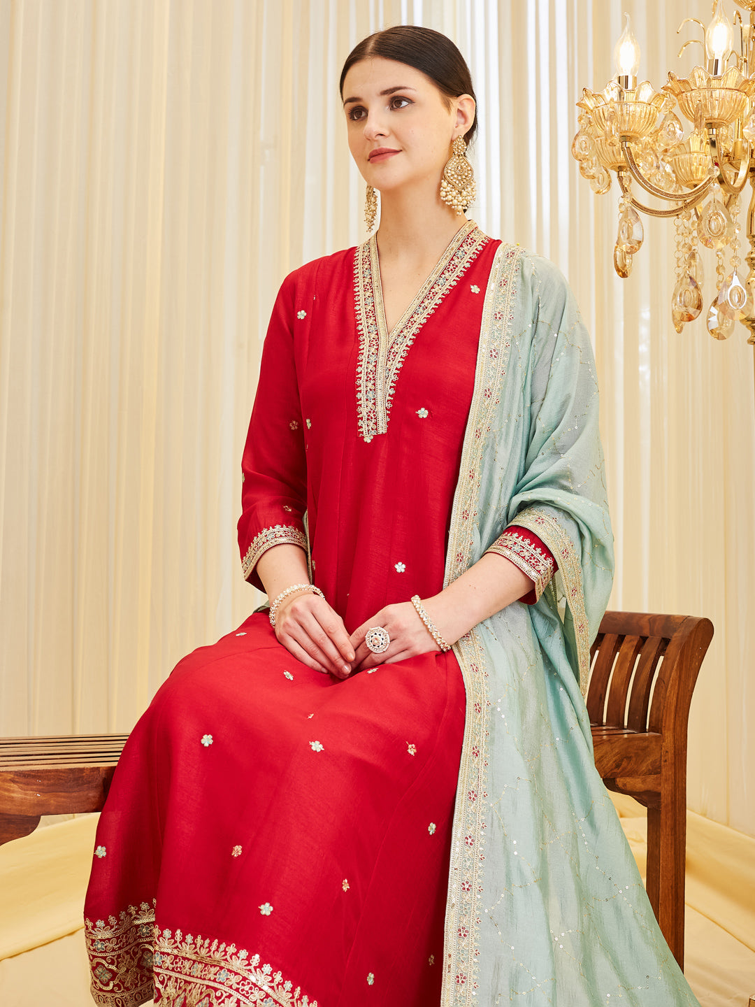 Red Embroidered Ethnic Silk Anarkali Set with Dupatta for Women