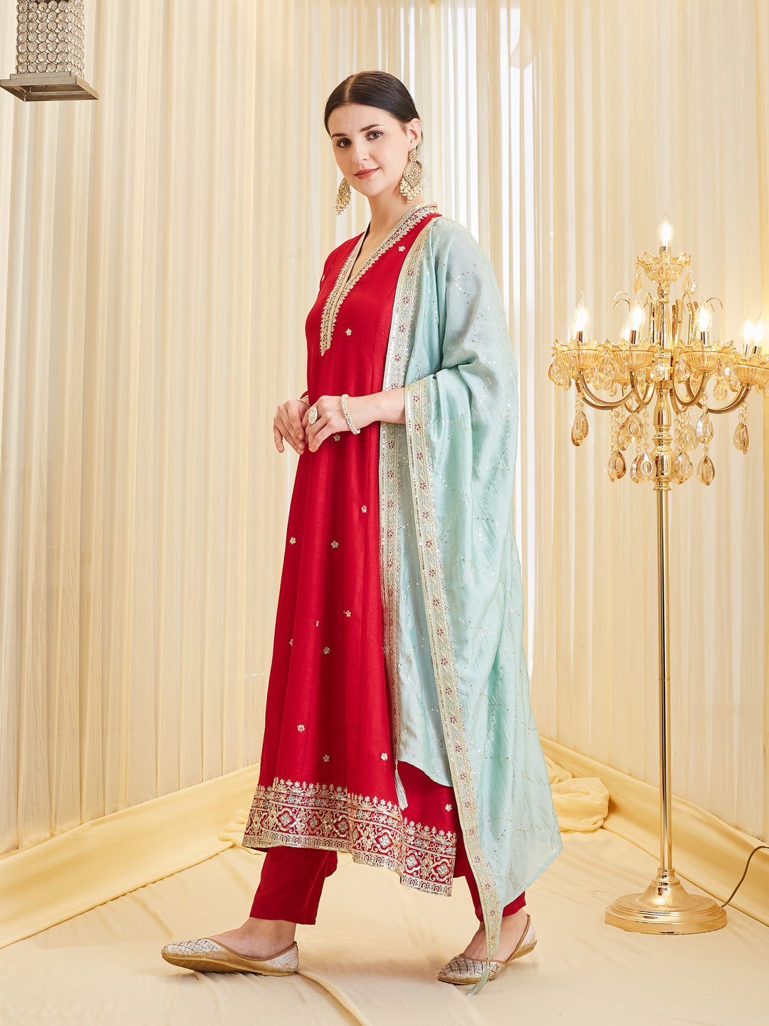 Red Embroidered Ethnic Silk Anarkali Set with Dupatta for Women