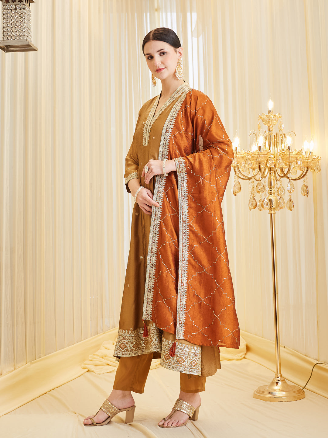 Golden Embroidered Silk Anarkali Suit Set With Dupatta for Women