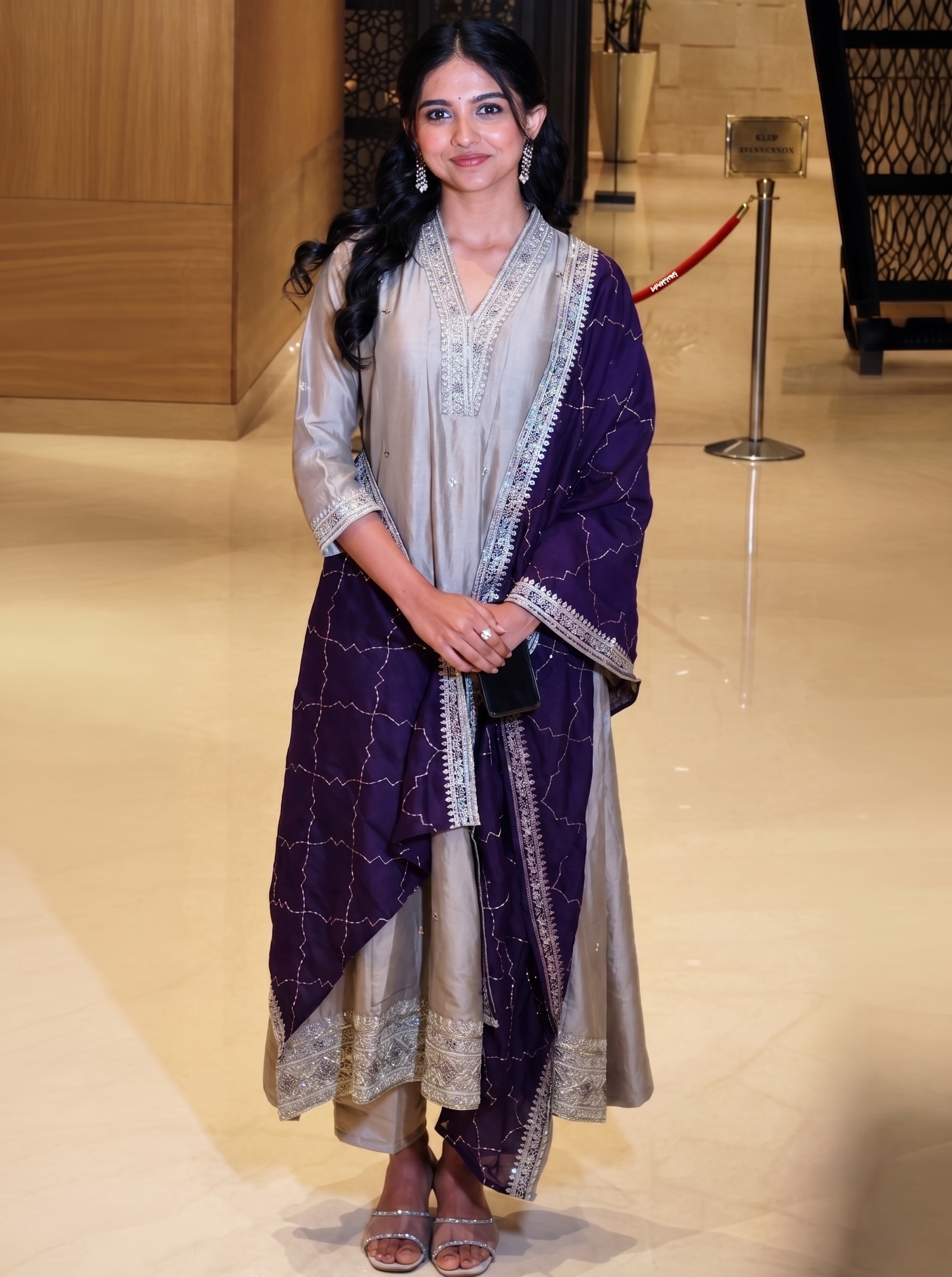 Grey Embroidered Silk Anarkali Kurta With Purple Dupatta Set