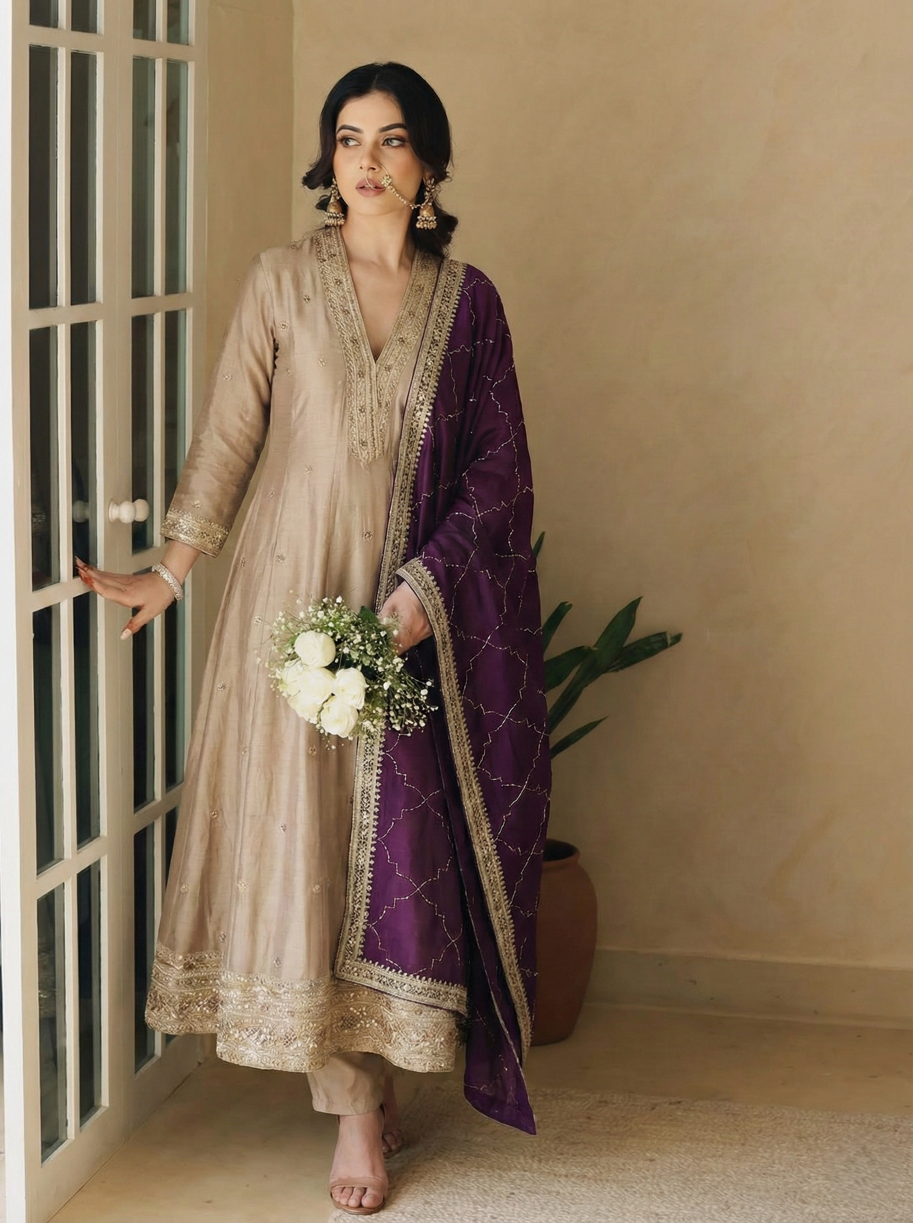 Grey Embroidered Silk Anarkali Kurta With Purple Dupatta Set
