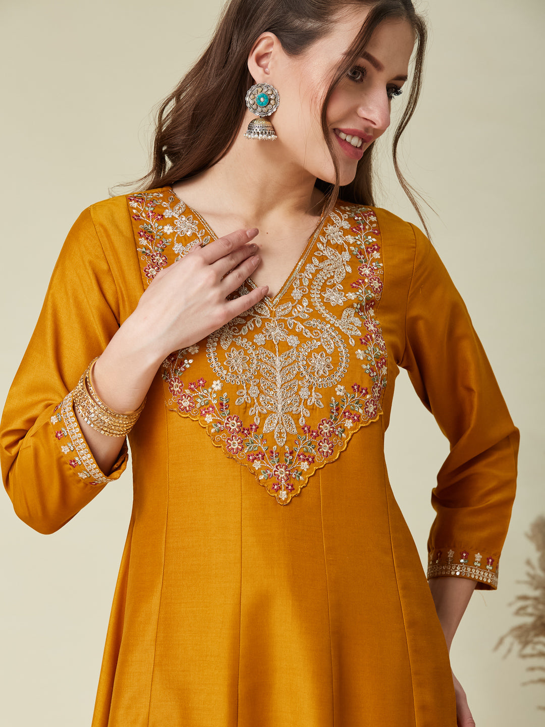 Mustard Embroidered Chinon Anarkali Kurta With Dupatta Set
