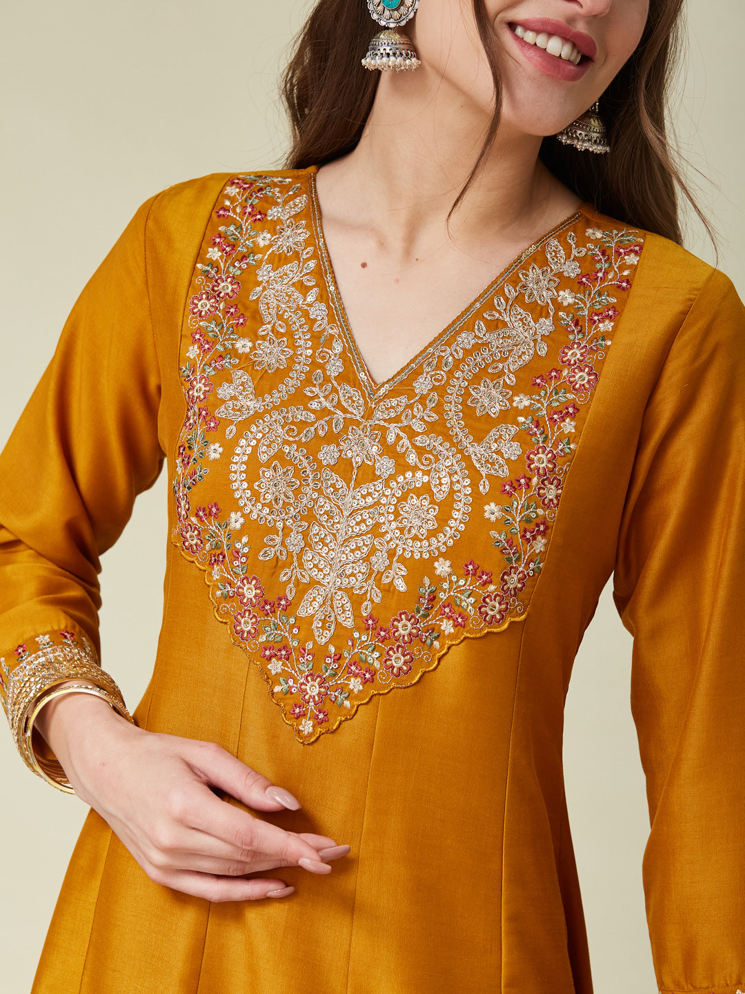 Mustard Embroidered Chinon Anarkali Kurta With Dupatta Set