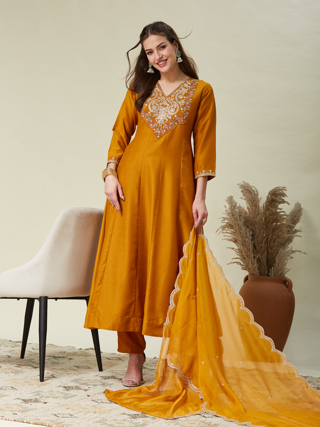 Mustard Embroidered Chinon Anarkali Kurta With Dupatta Set