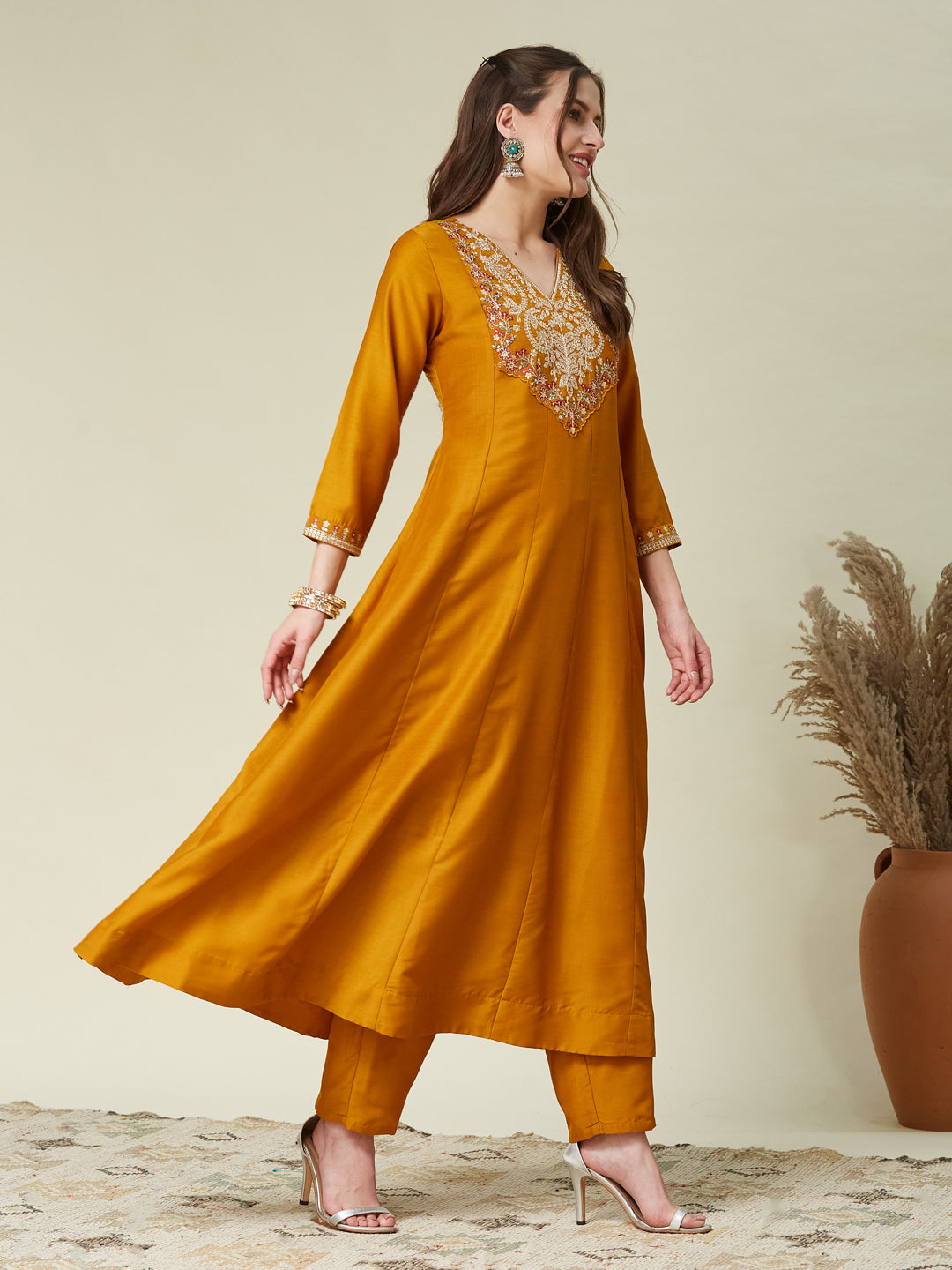 Mustard Embroidered Chinon Anarkali Kurta With Dupatta Set