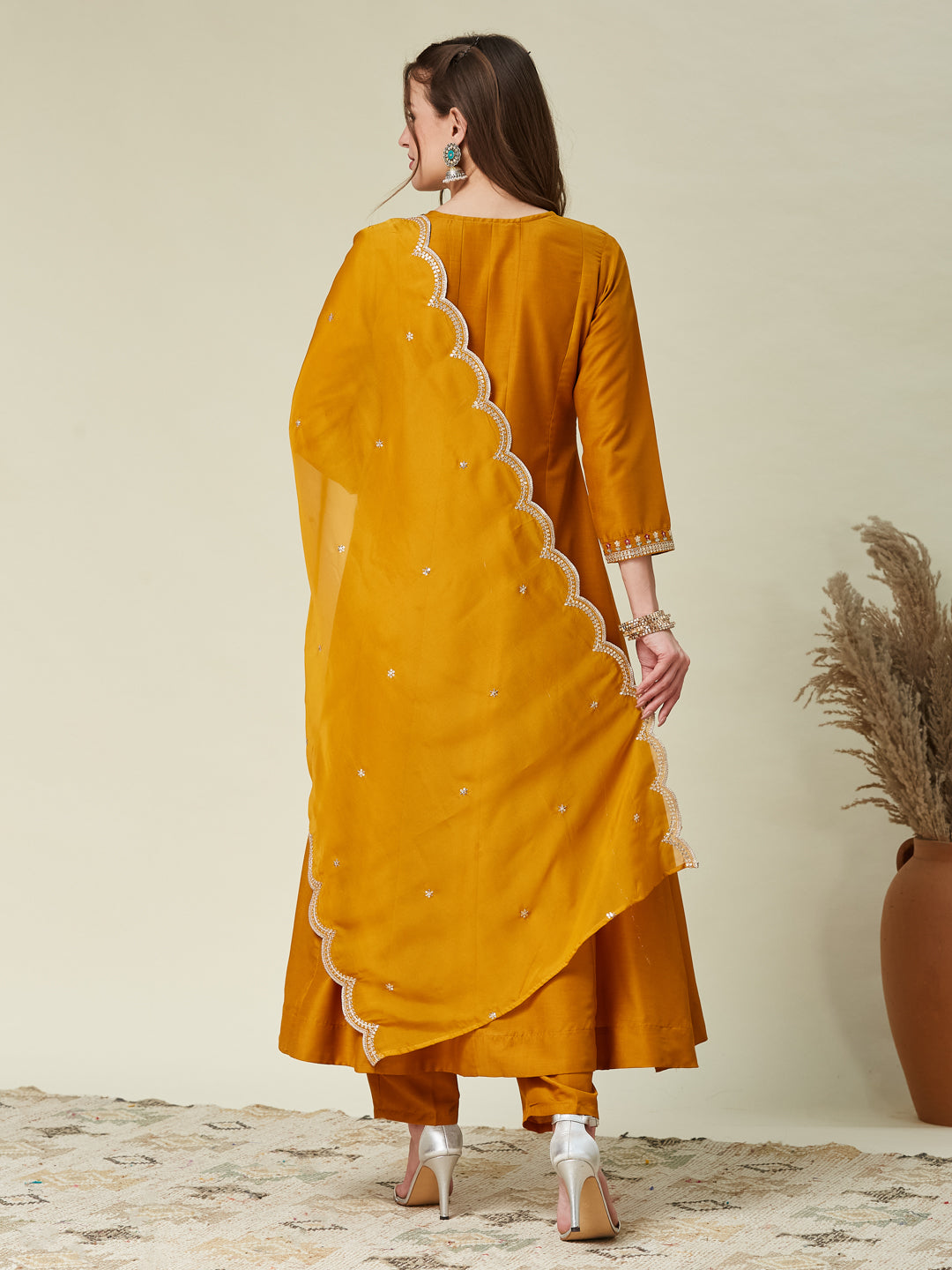 Mustard Embroidered Chinon Anarkali Kurta With Dupatta Set