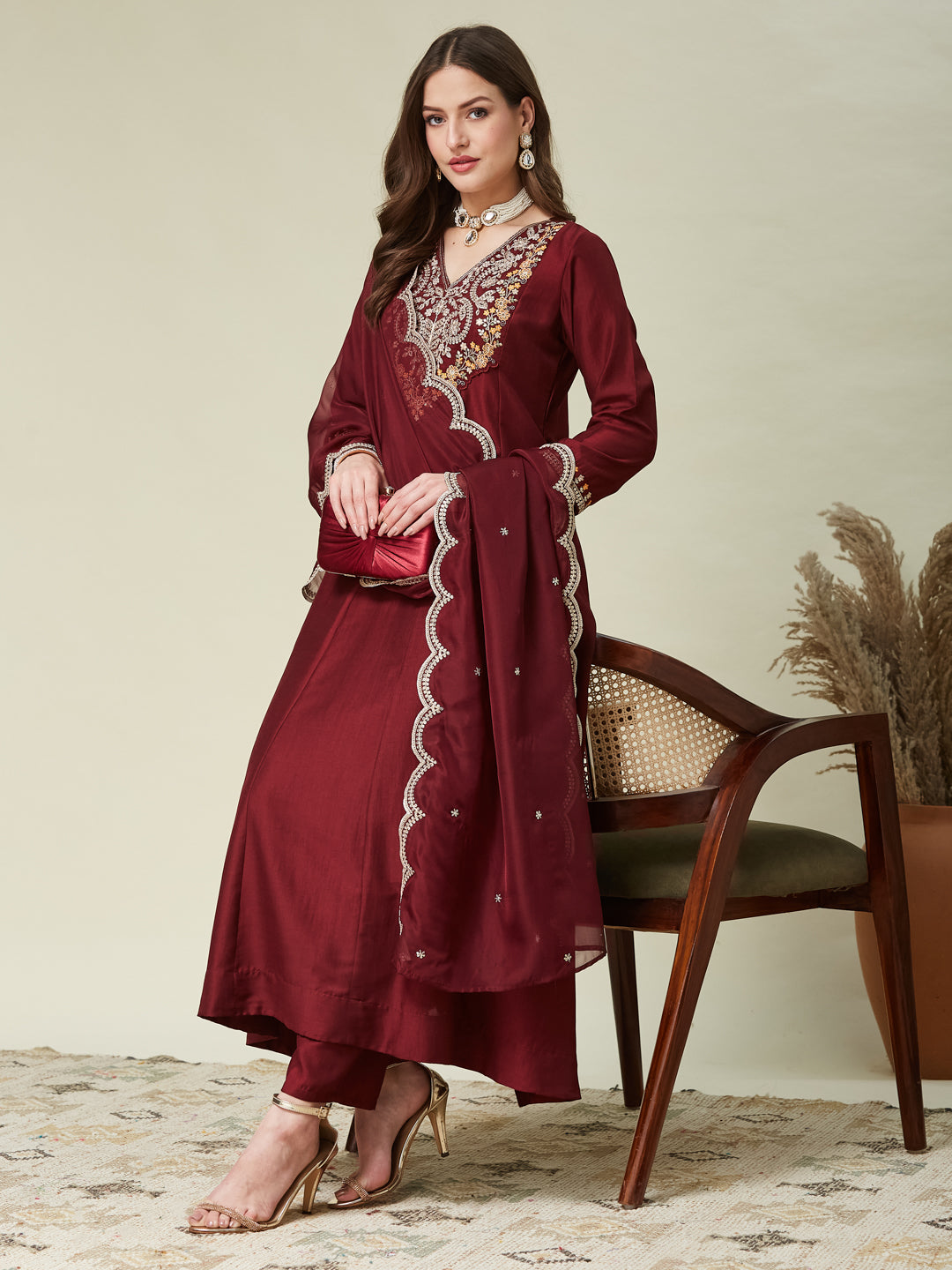 Maroon Embroidered Chinon Anarkali Kurta With Dupatta Set