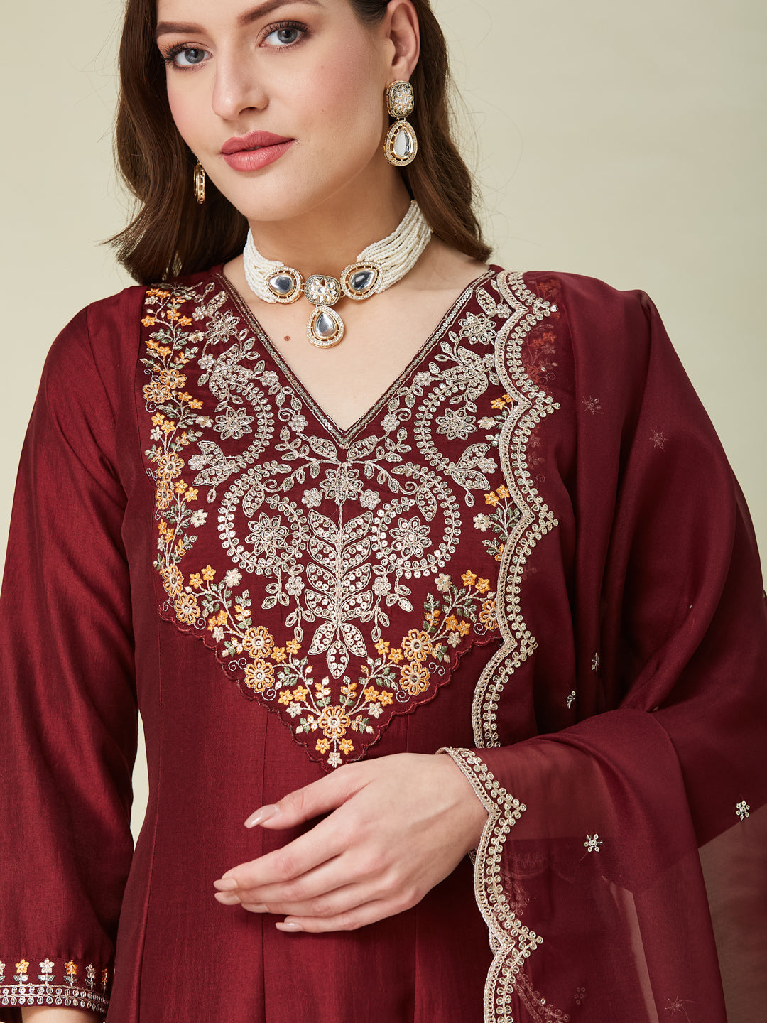 Maroon Embroidered Chinon Anarkali Kurta With Dupatta Set