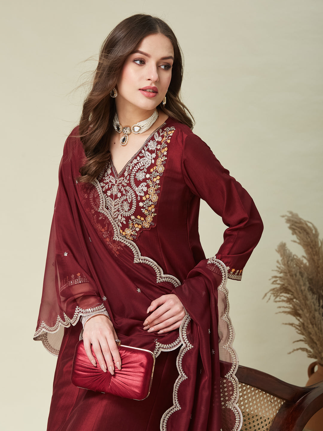 Maroon Embroidered Chinon Anarkali Kurta With Dupatta Set