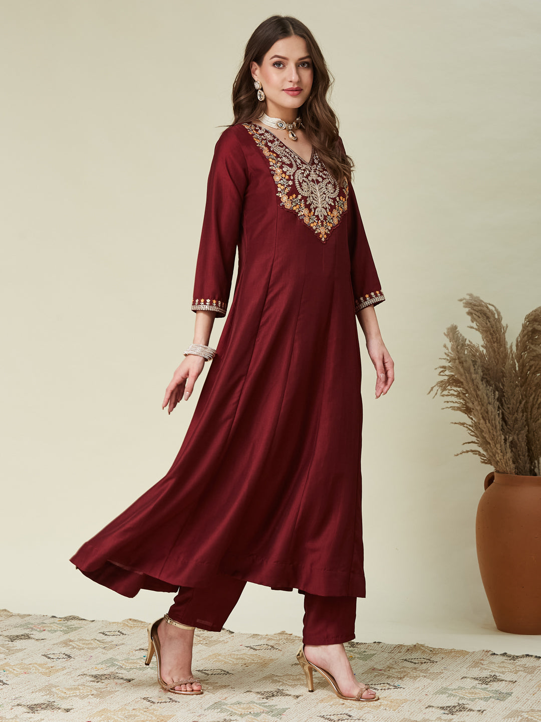 Maroon Embroidered Chinon Anarkali Kurta With Dupatta Set