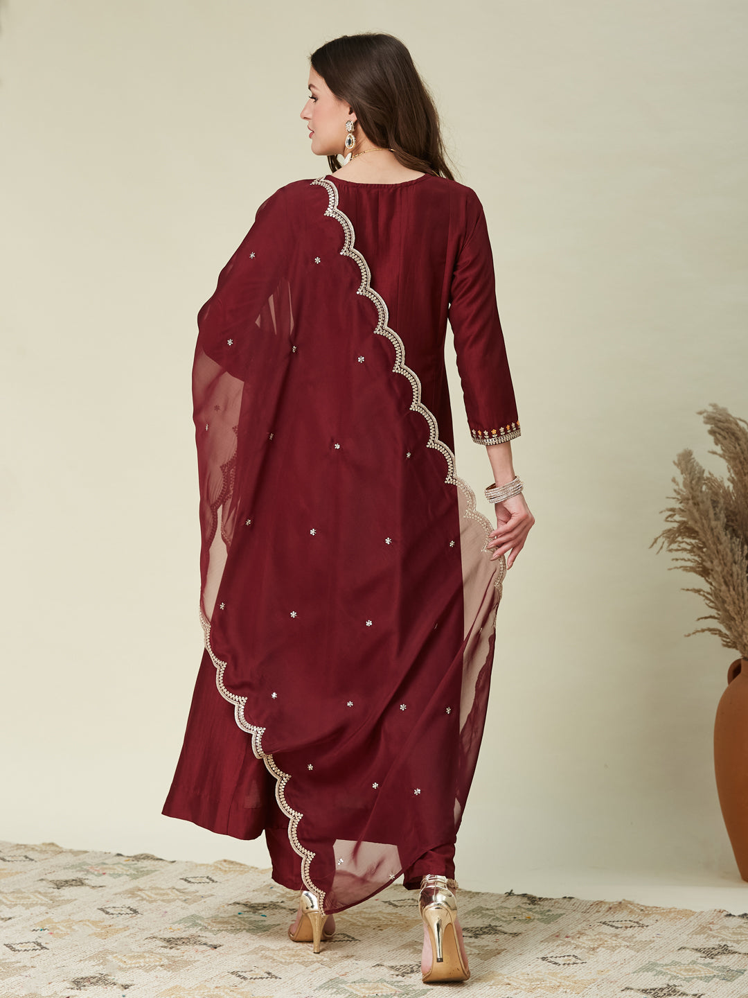 Maroon Embroidered Chinon Anarkali Kurta With Dupatta Set