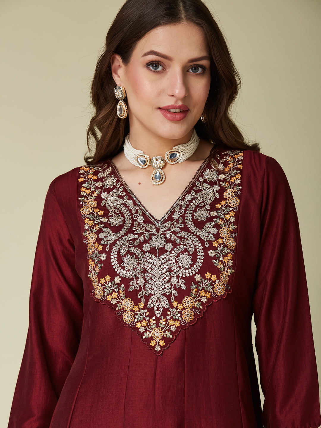 Maroon Embroidered Chinon Anarkali Kurta With Dupatta Set