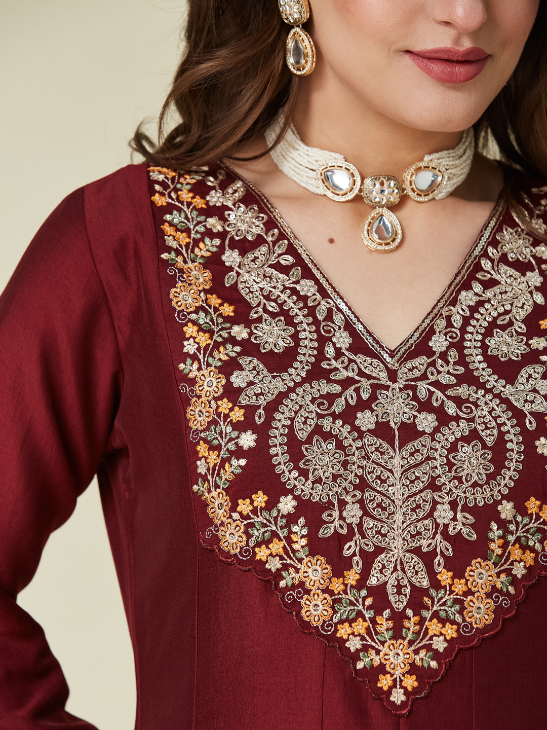 Maroon Embroidered Chinon Anarkali Kurta With Dupatta Set