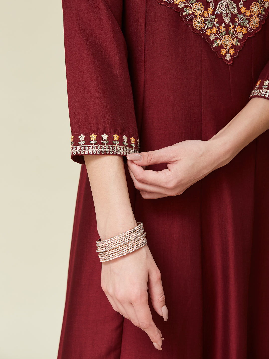 Maroon Embroidered Chinon Anarkali Kurta With Dupatta Set