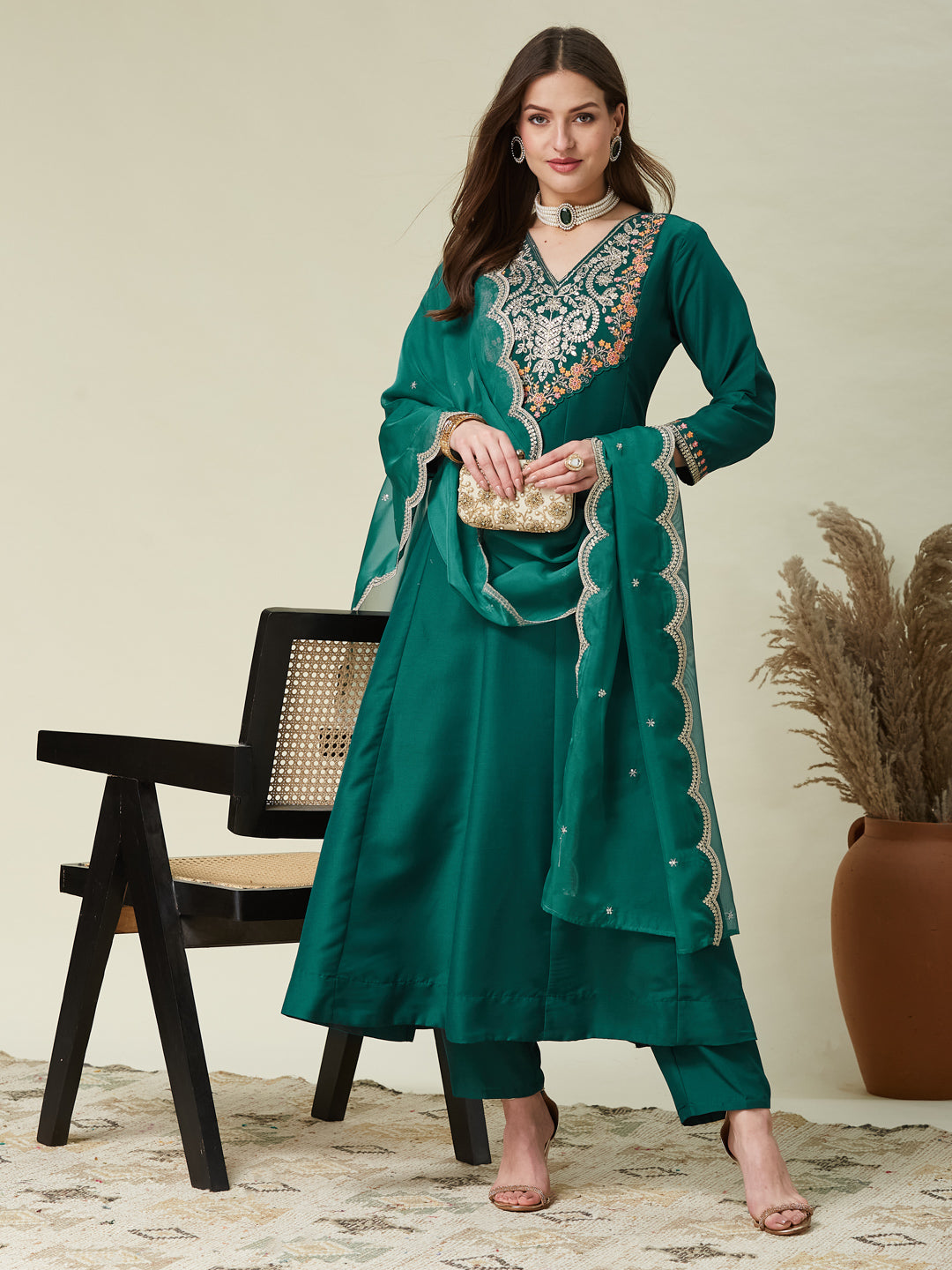 Bottle Green Embroidered Chinon Anarkali Kurta With Dupatta Set