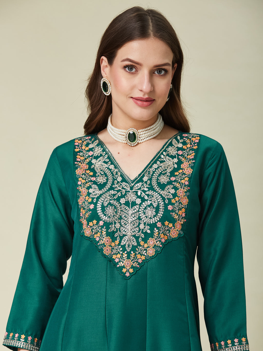 Bottle Green Embroidered Chinon Anarkali Kurta With Dupatta Set