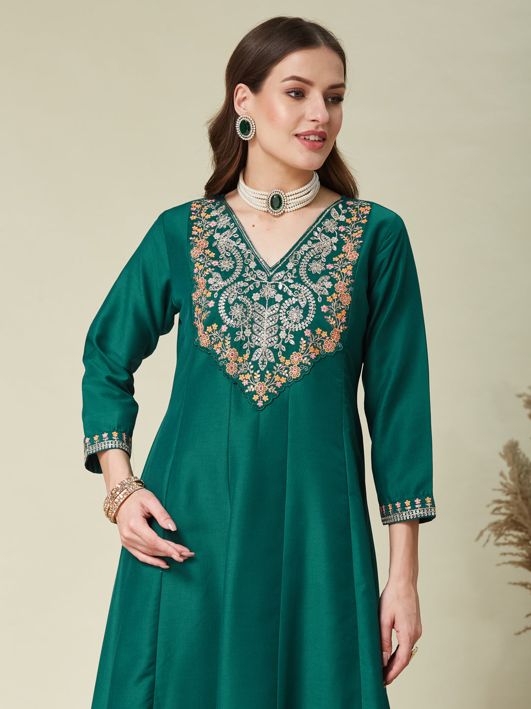Bottle Green Embroidered Chinon Anarkali Kurta With Dupatta Set