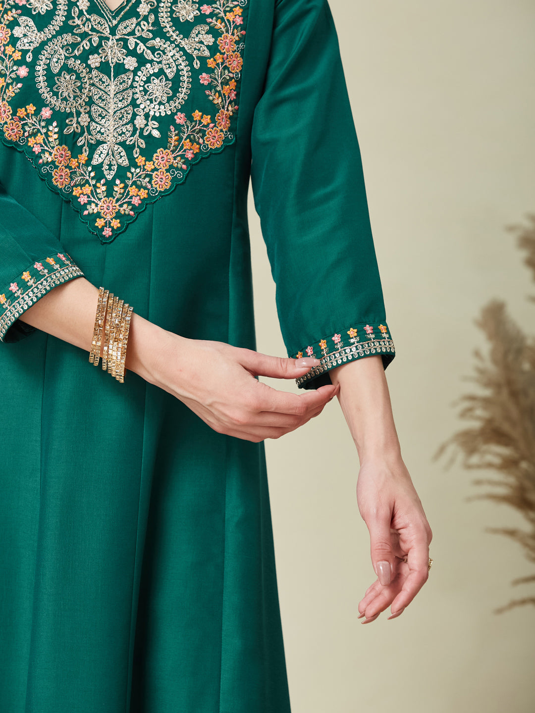 Bottle Green Embroidered Chinon Anarkali Kurta With Dupatta Set