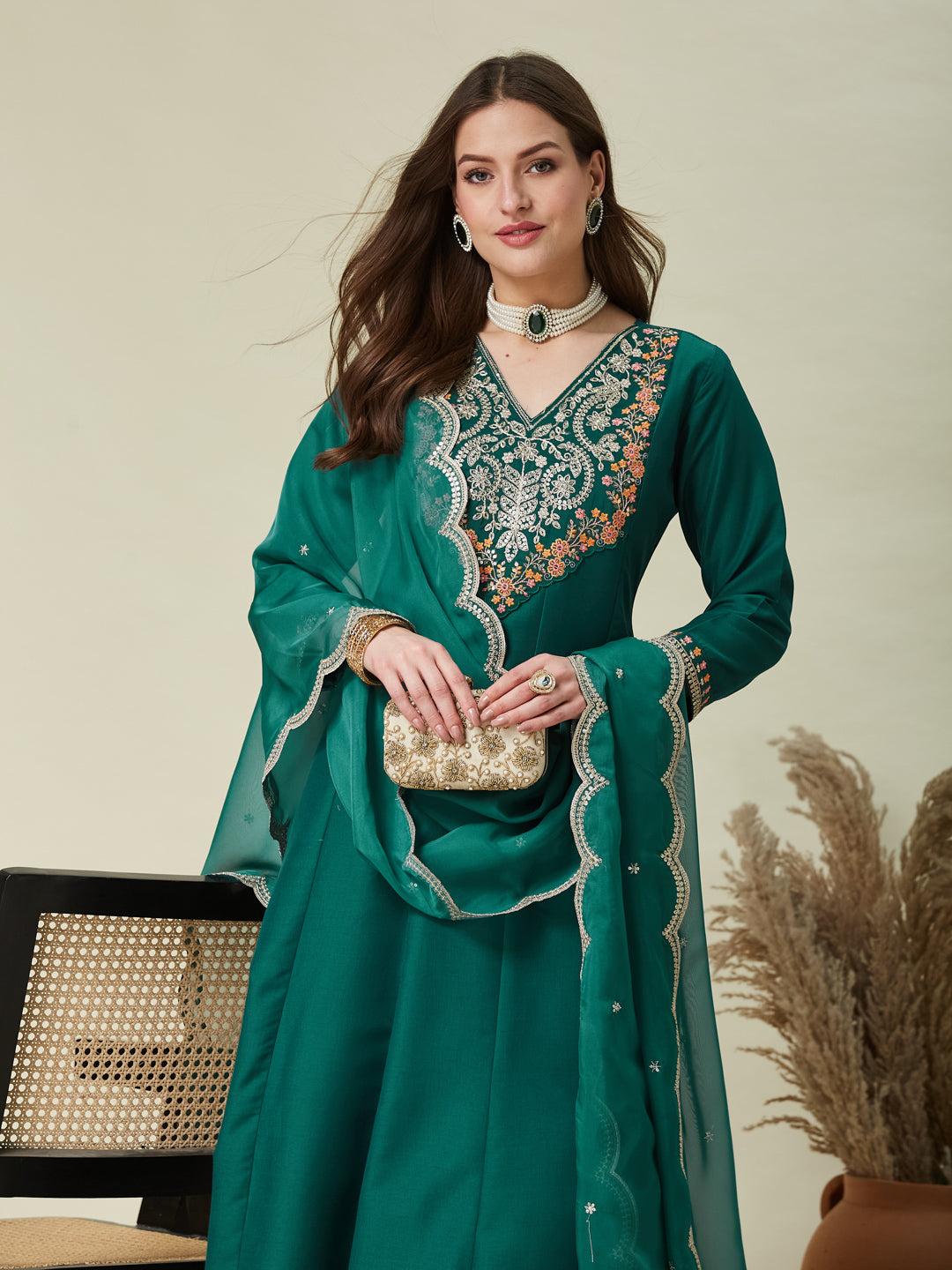 Bottle Green Embroidered Chinon Anarkali Kurta With Dupatta Set