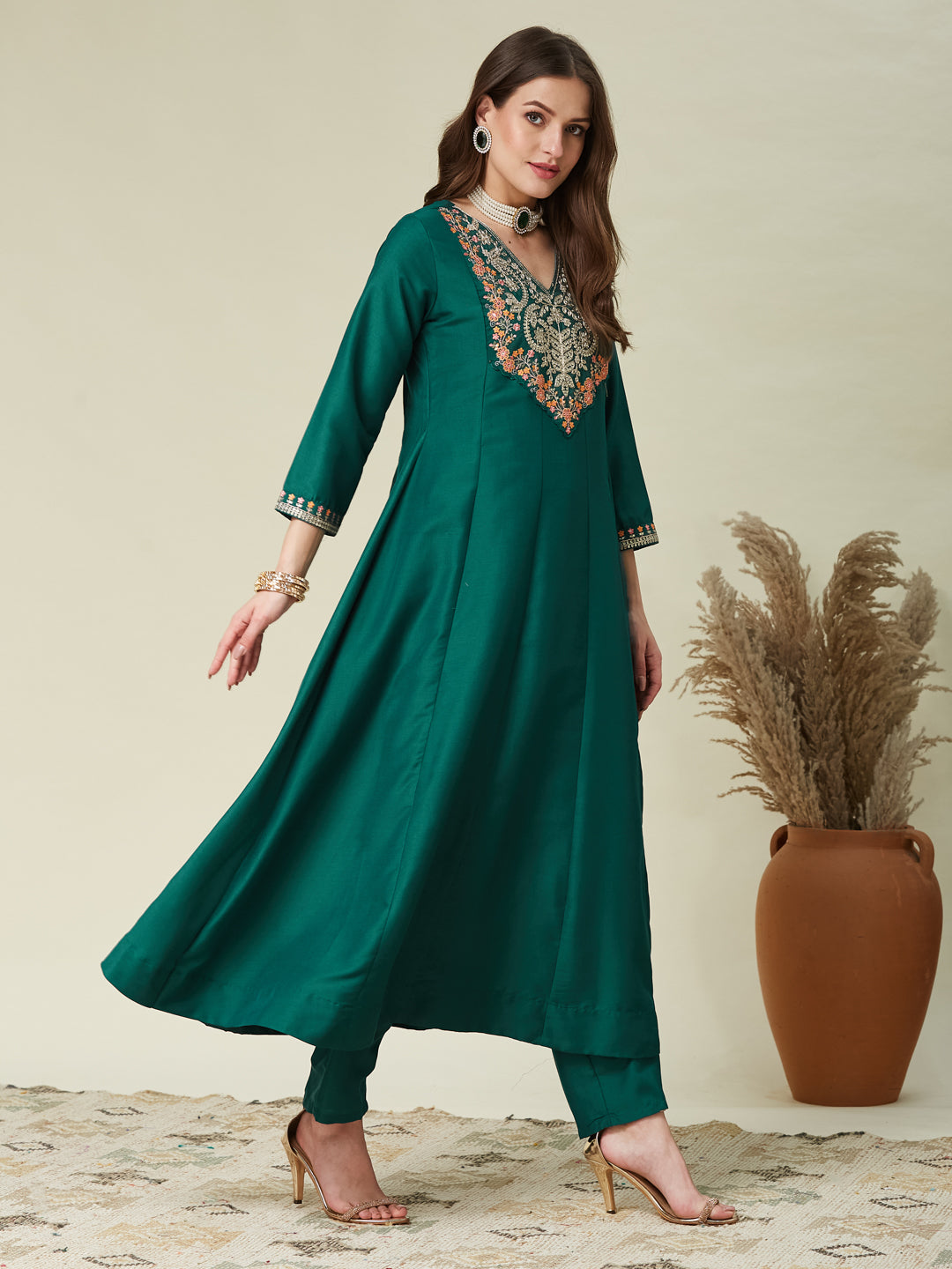 Bottle Green Embroidered Chinon Anarkali Kurta With Dupatta Set