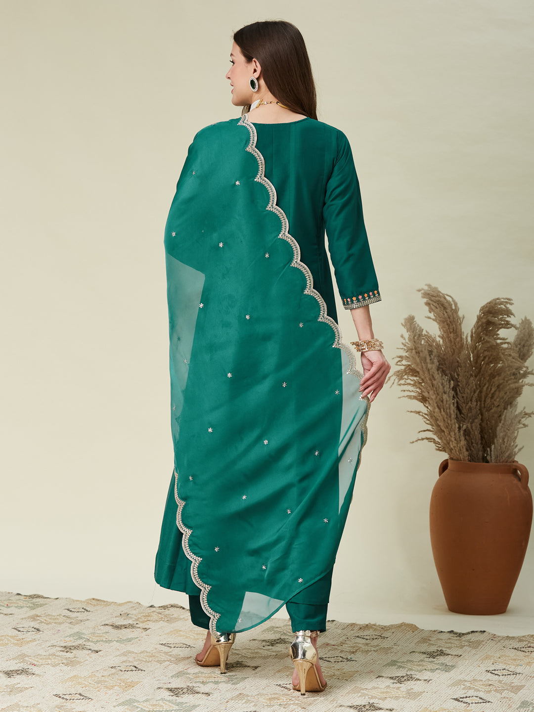 Bottle Green Embroidered Chinon Anarkali Kurta With Dupatta Set