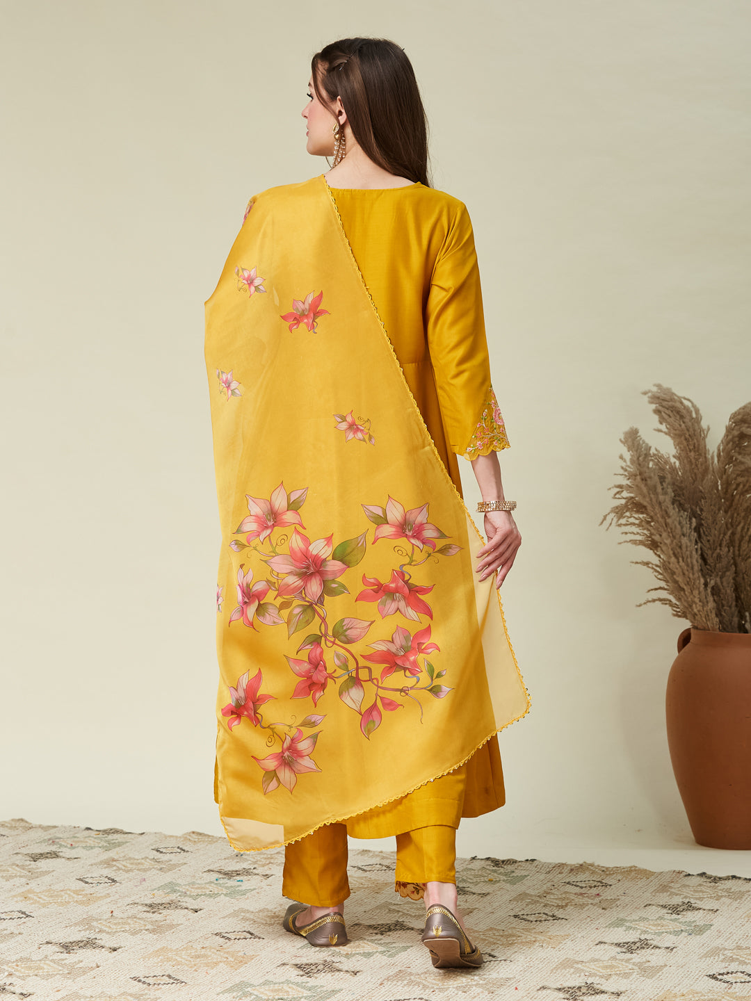 Mustard Embroidered Silk Blend Anarkali Kurta with Dupatta set
