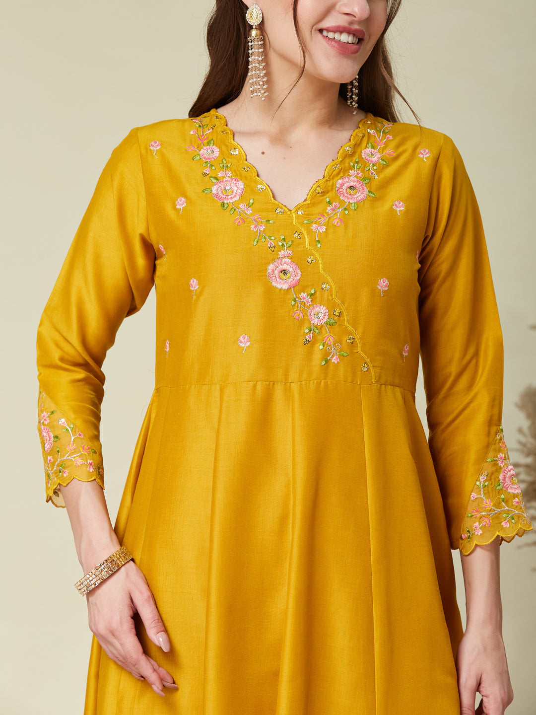 Mustard Embroidered Silk Blend Anarkali Kurta with Dupatta set