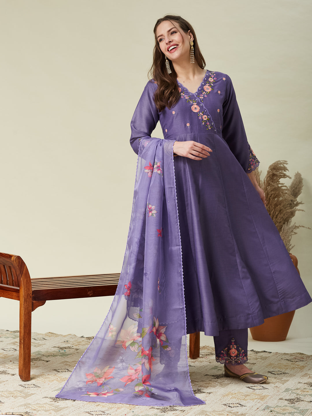 Purple Embroidered Anarkali Kurta Set with Printed Dupatta