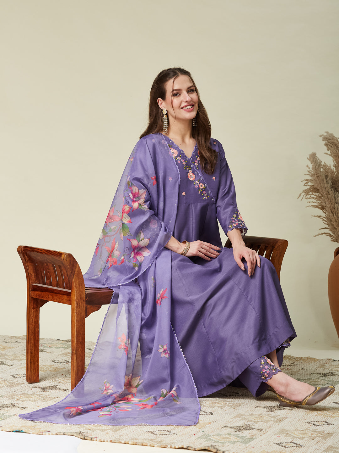 Purple Embroidered Anarkali Kurta Set with Printed Dupatta