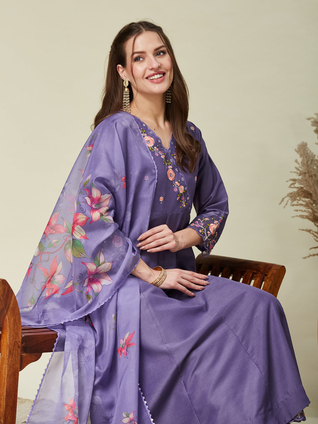 Purple Embroidered Anarkali Kurta Set with Printed Dupatta