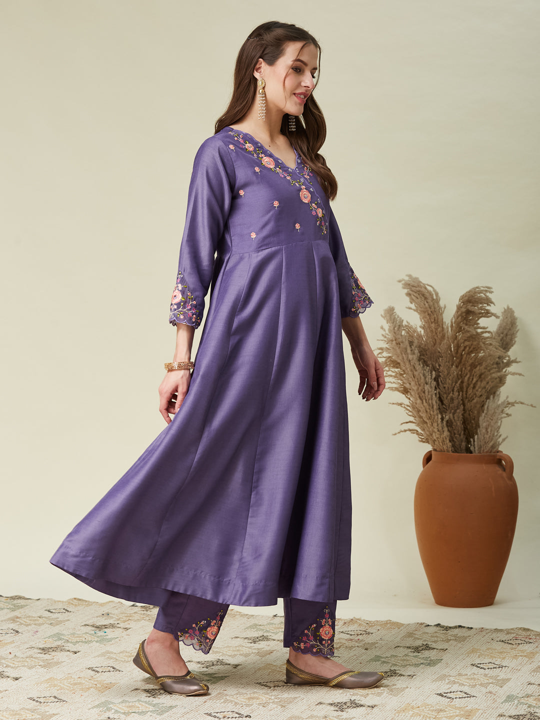 Purple Embroidered Silk Blend Anarkali Kurta with Dupatta set