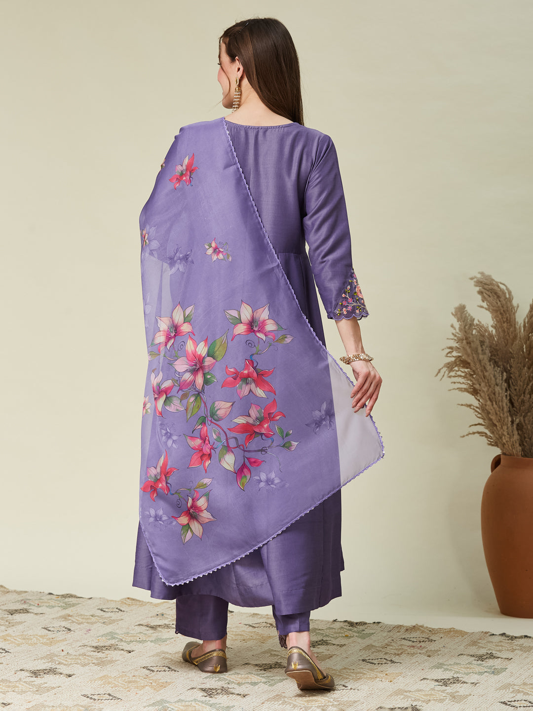 Purple Embroidered Anarkali Kurta Set with Printed Dupatta