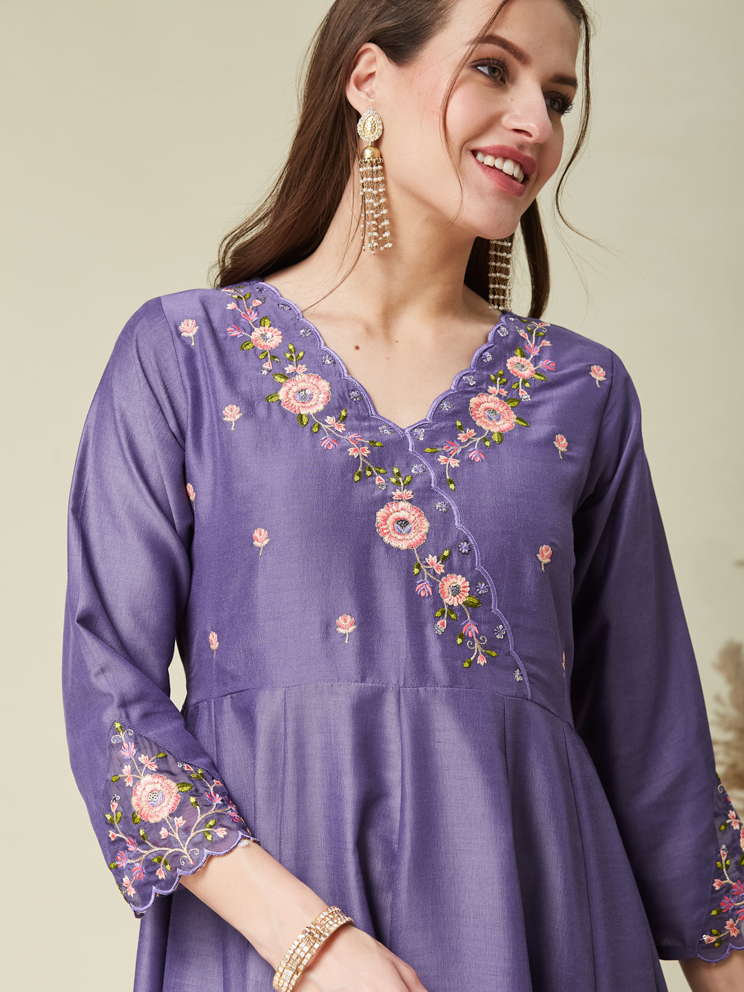 Purple Embroidered Anarkali Kurta Set with Printed Dupatta