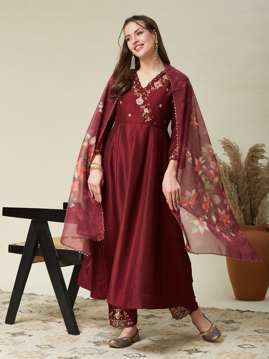 Maroon Embroidered Anarkali Kurta Set with Printed Dupatta