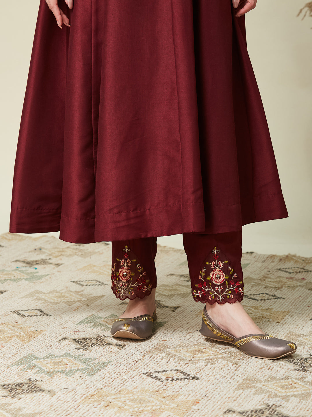 Maroon Embroidered Anarkali Kurta Set with Printed Dupatta