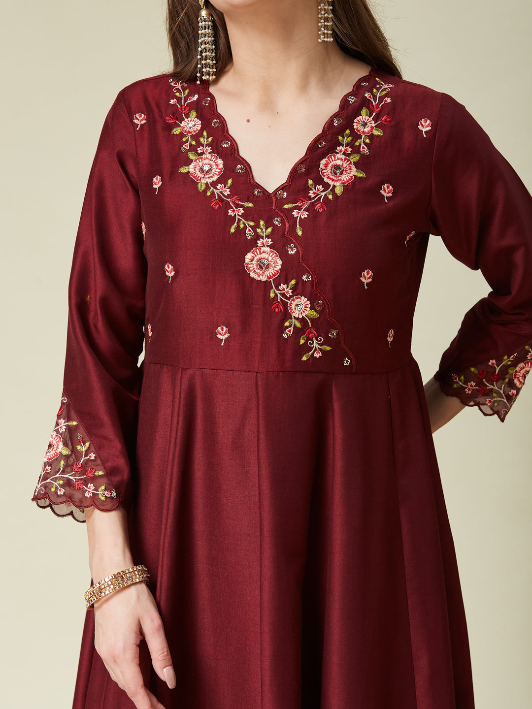Maroon Embroidered Anarkali Kurta Set with Printed Dupatta