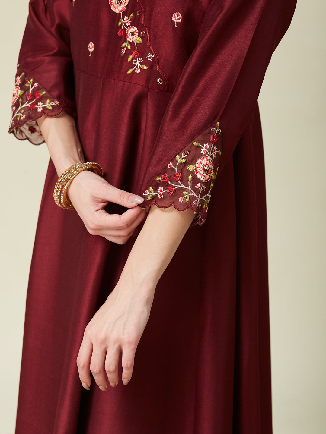 Maroon Embroidered Anarkali Kurta Set with Printed Dupatta