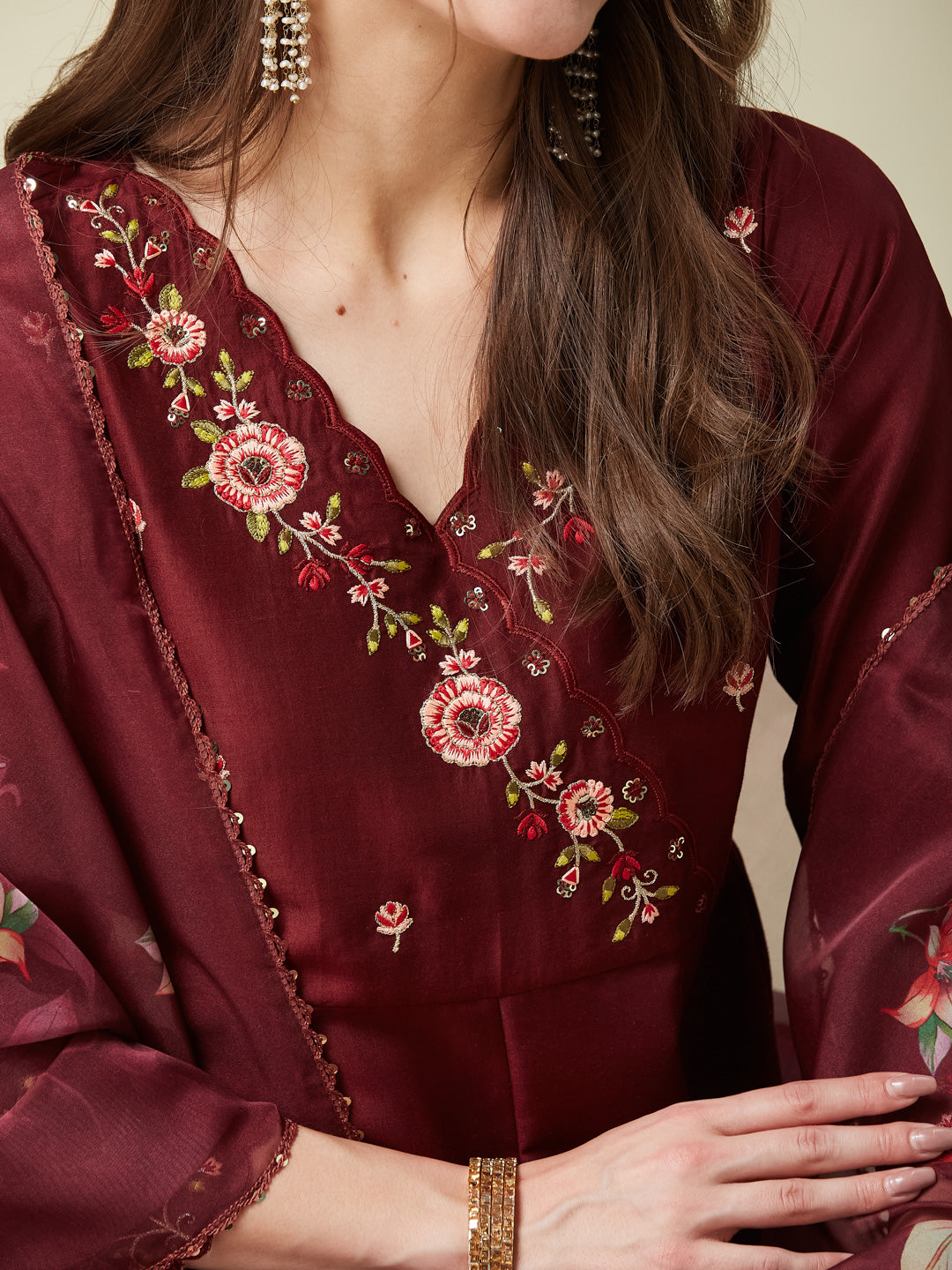 Maroon Embroidered Anarkali Kurta Set with Printed Dupatta