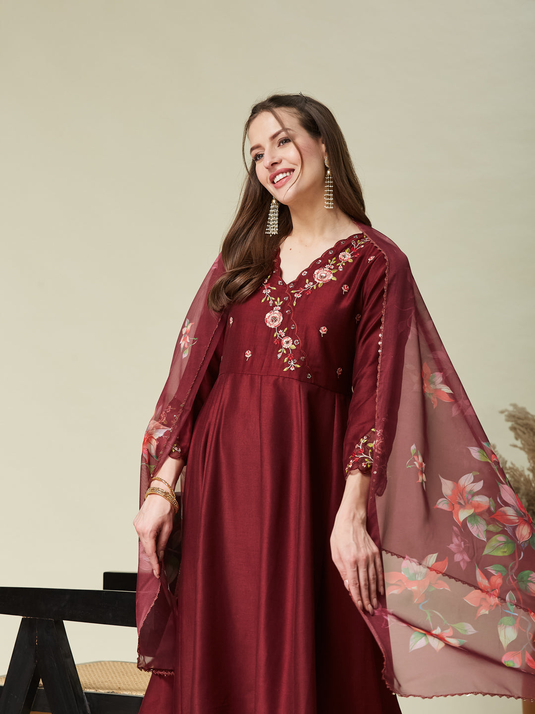 Maroon Embroidered Anarkali Kurta Set with Printed Dupatta