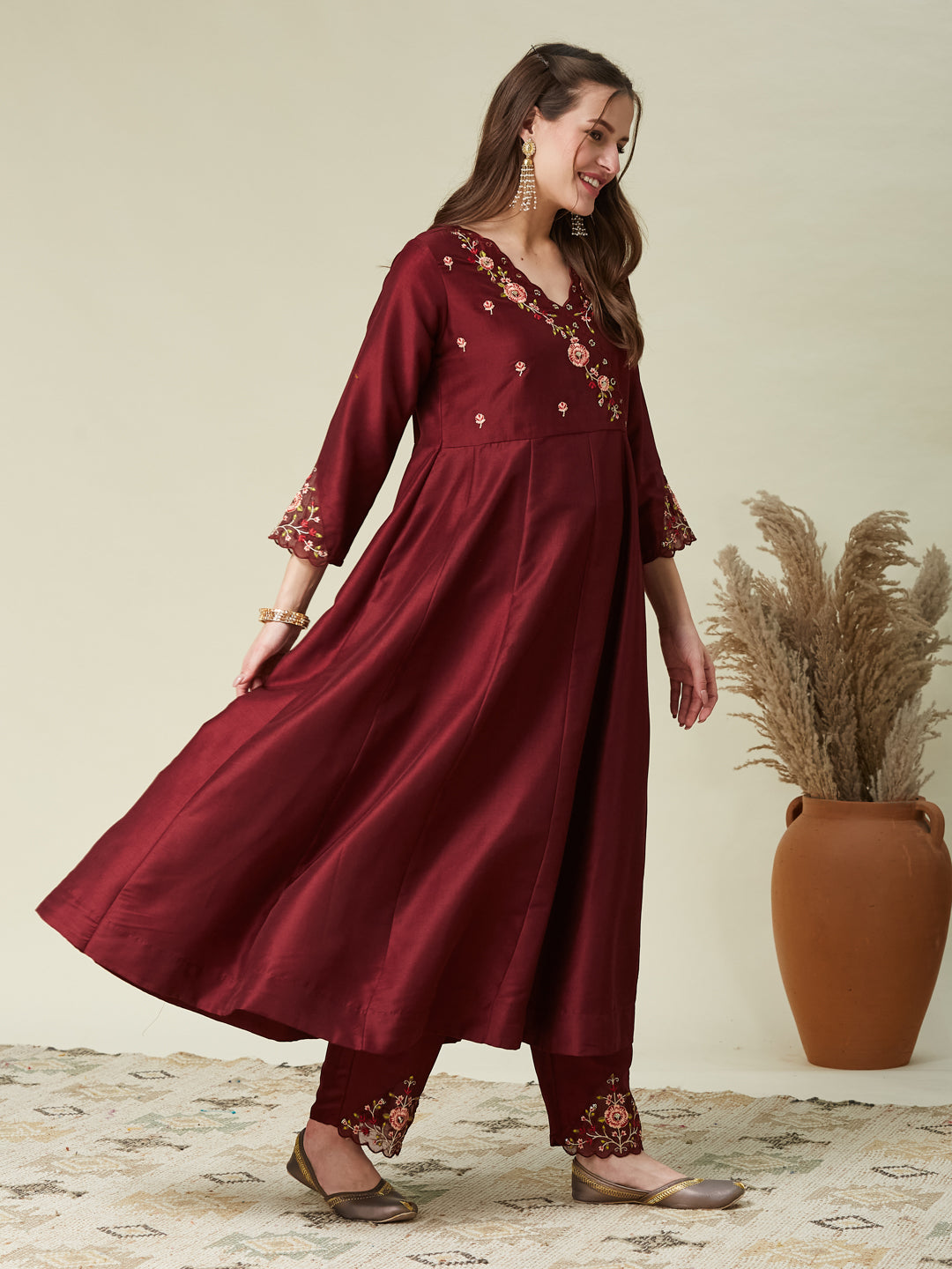 Maroon Embroidered Anarkali Kurta Set with Printed Dupatta