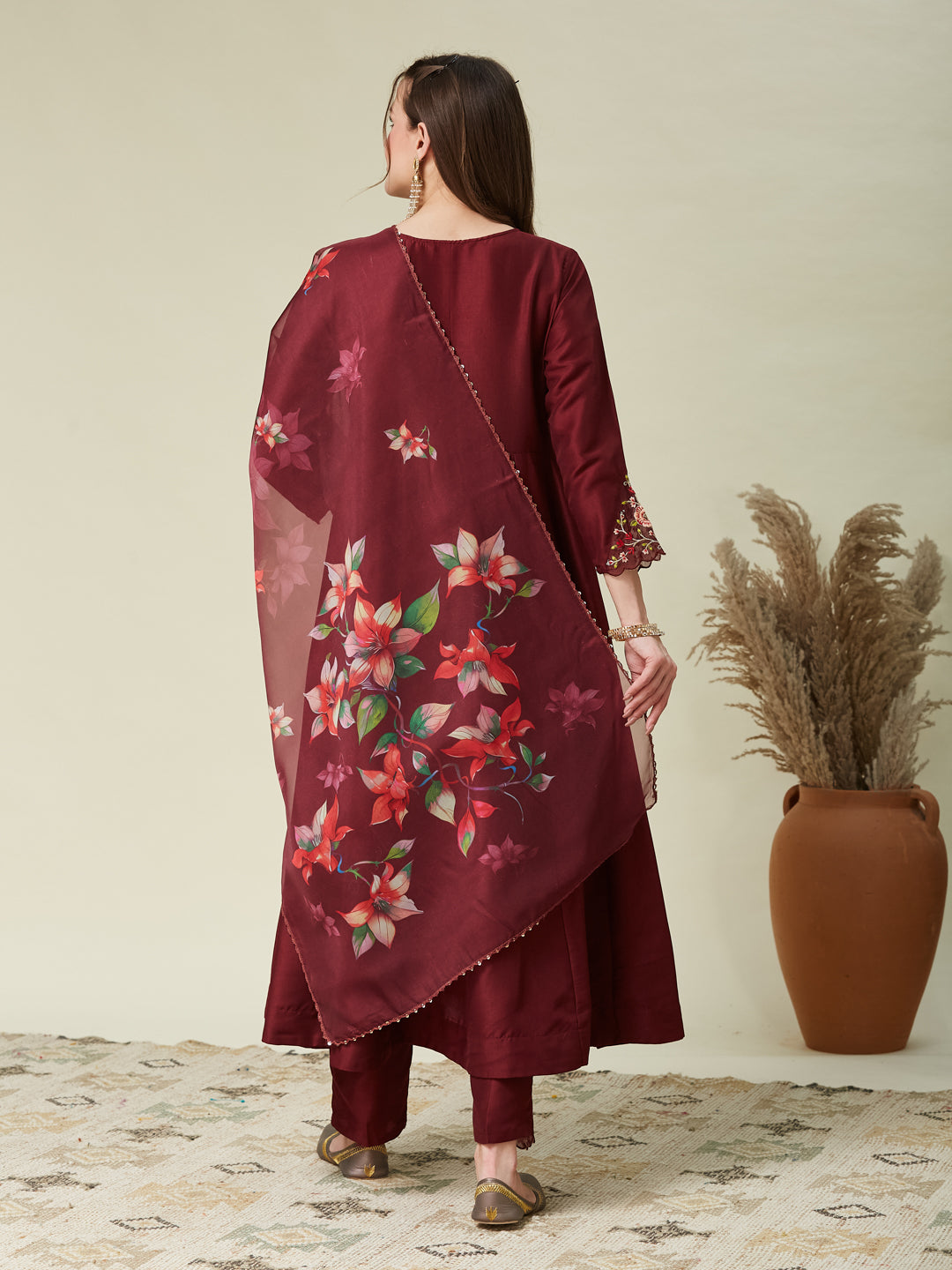 Maroon Embroidered Anarkali Kurta Set with Printed Dupatta