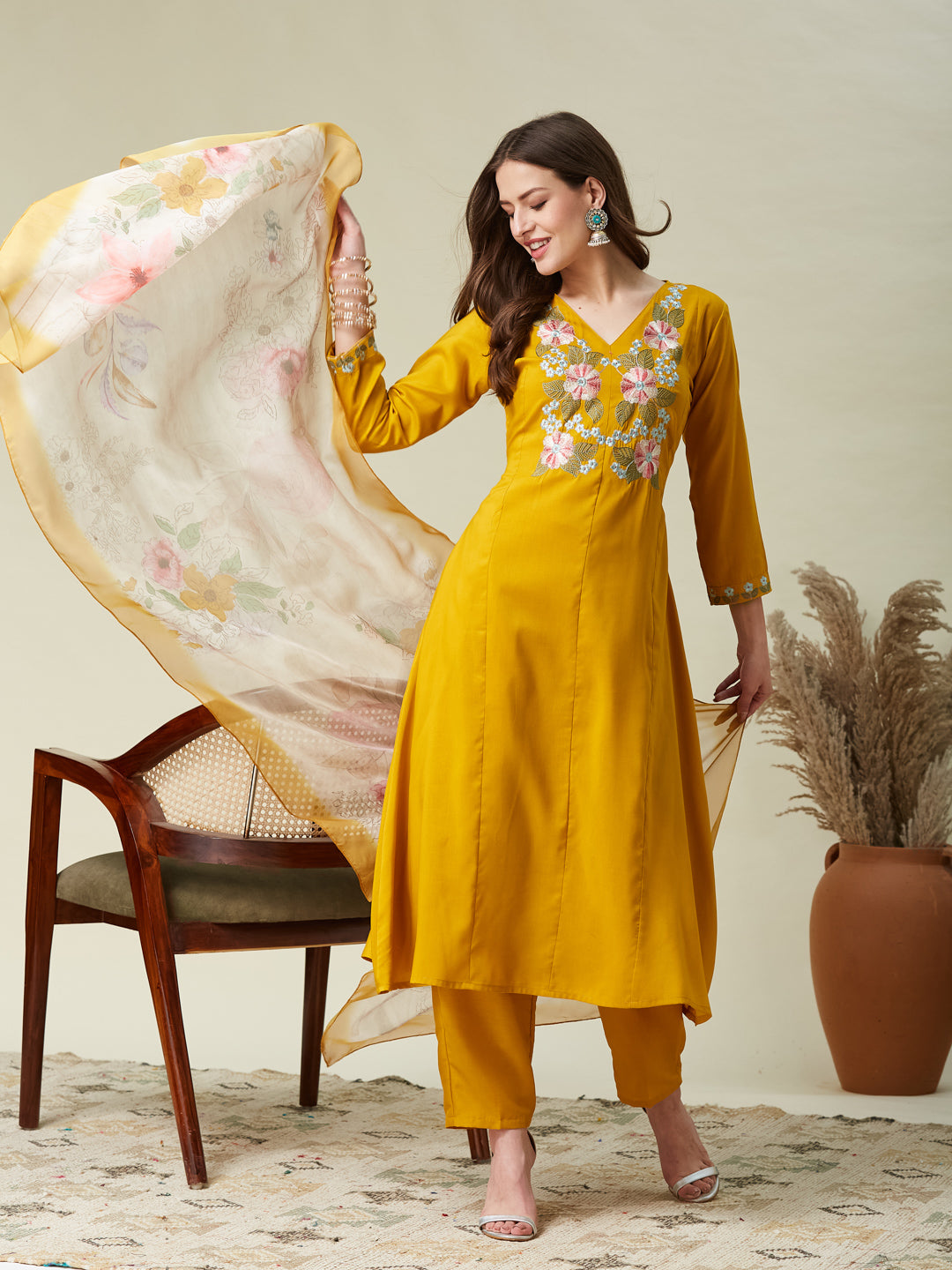 Mustard Embroidered Chinon A line Kurta With Dupatta Set