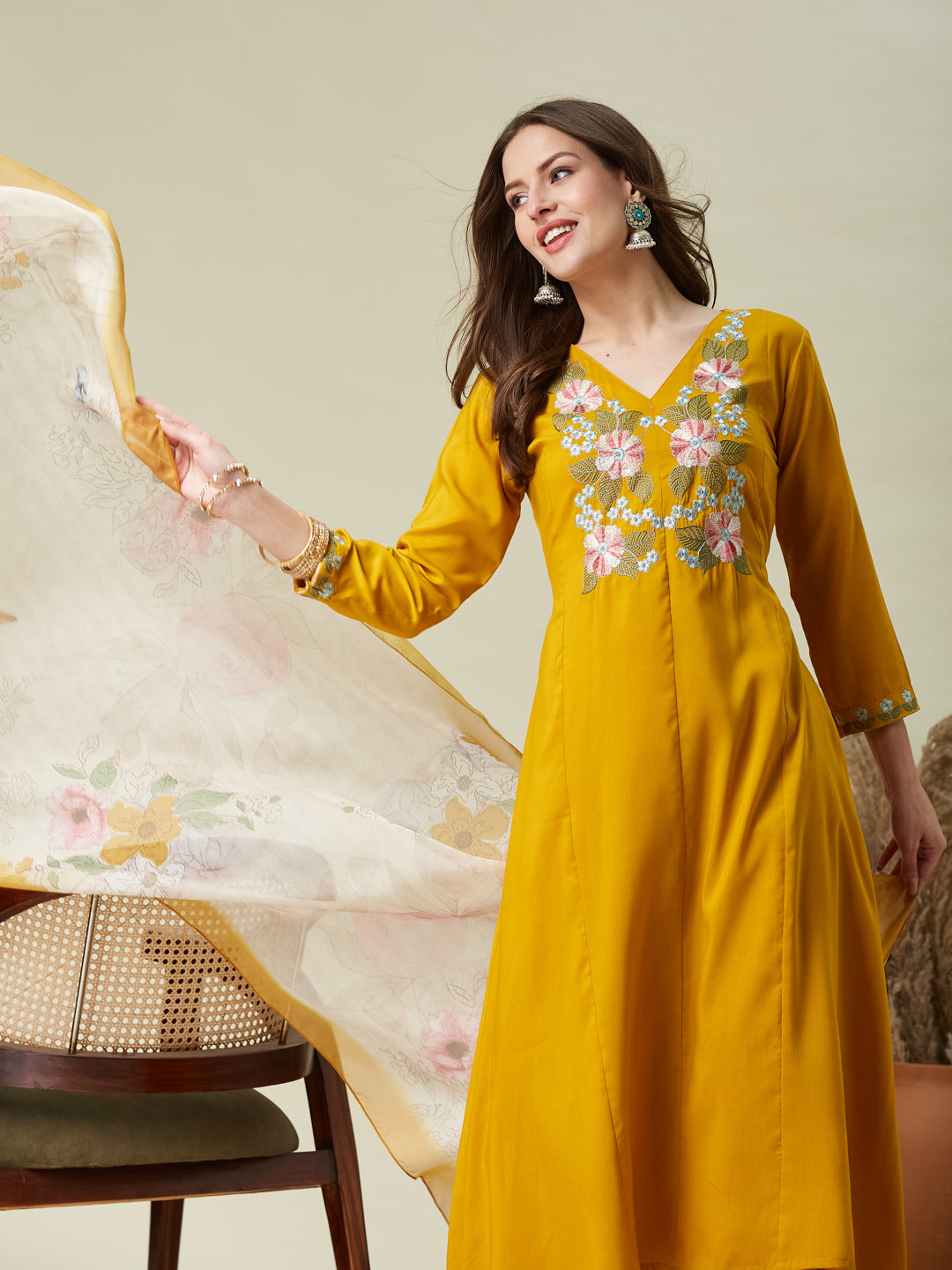 Mustard Embroidered Chinon A line Kurta With Dupatta Set