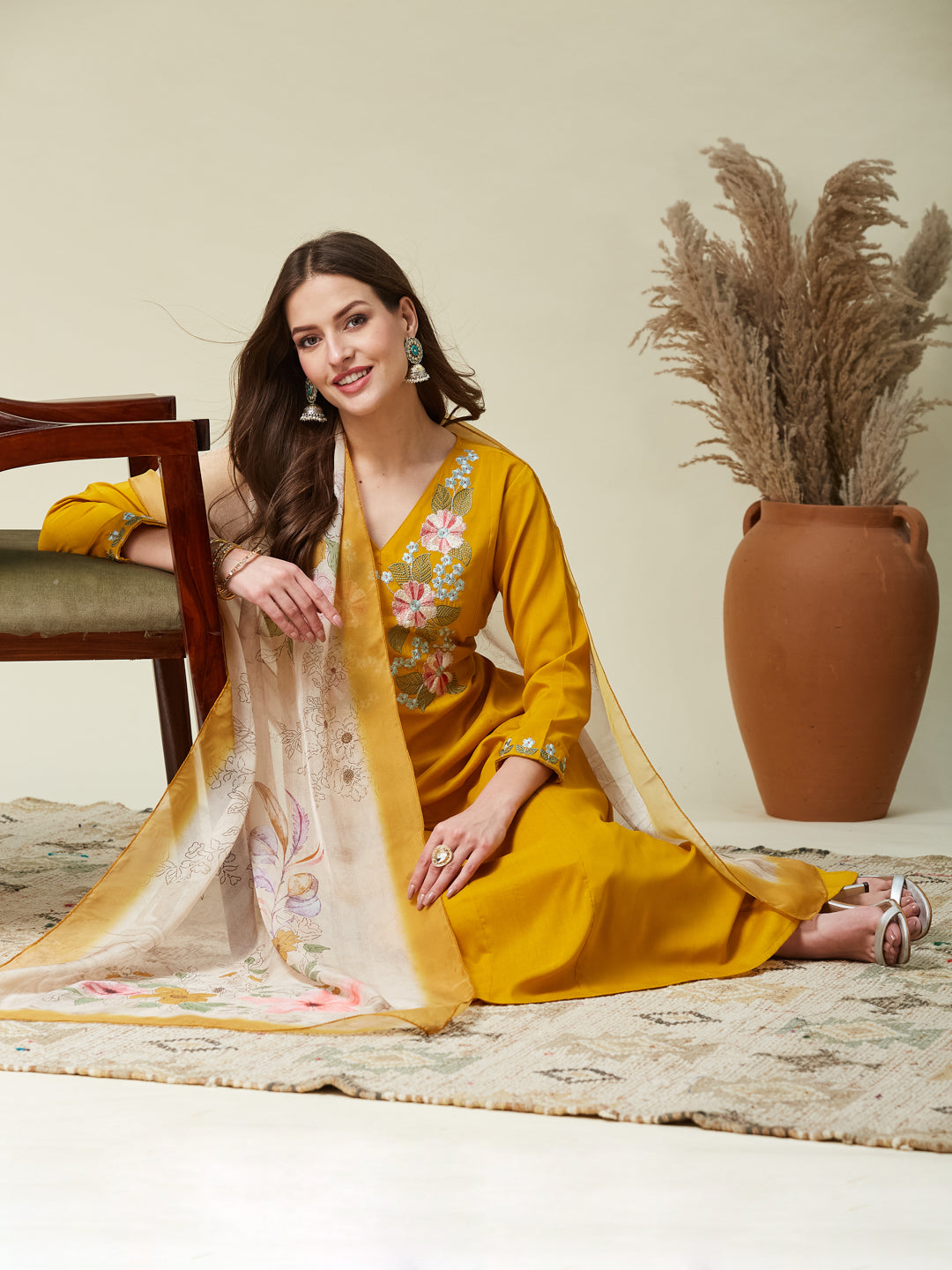 Mustard Embroidered Chinon A line Kurta With Dupatta Set