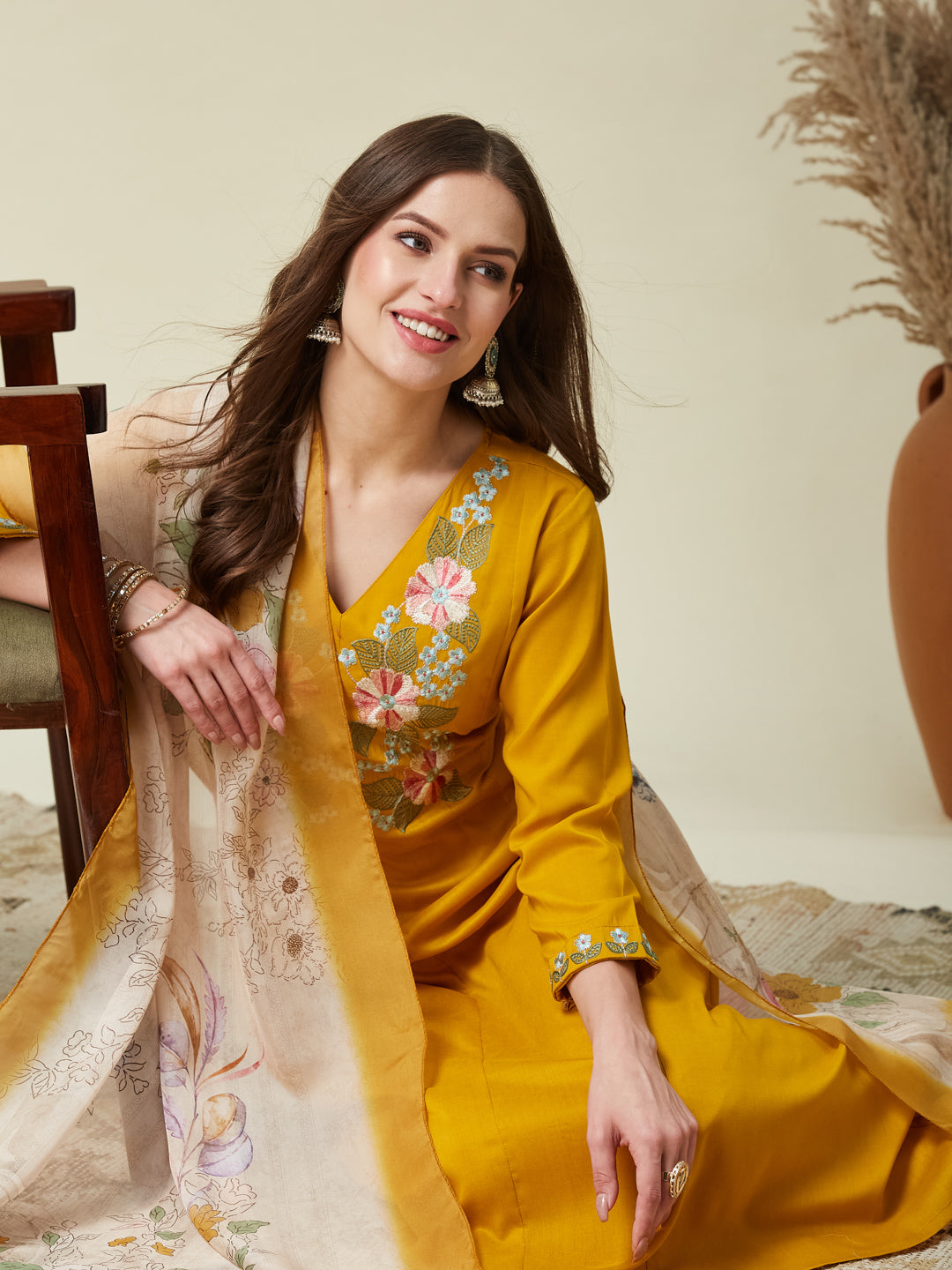 Mustard Embroidered Chinon A line Kurta With Dupatta Set